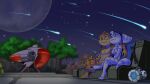 16:9 anthro areola arm_around_partner arm_on_shoulder black-kitten boots breasts clothing crossed_legs duo eyewear eyewear_on_head feet female footwear fur giant_hammer goggles goggles_on_head green_eyes head_tuft headgear headwear hi_res lombax male mammal meteor meteor_shower moon night nipples nude plant ratchet_(ratchet_and_clank) ratchet_and_clank rivet_(ratchet_and_clank) rock_formation scarf shoes shooting_star sky sony_corporation sony_interactive_entertainment spacecraft star striped_body stripes toes tree tuft vehicle white_body white_fur widescreen yellow_body yellow_fur