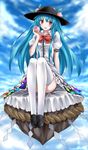  bad_id bad_pixiv_id blue_hair blush bon bow bowtie convenient_leg floating food fruit hat highres hinanawi_tenshi holding keystone legs loafers long_hair peach red_eyes rope shide shimenawa shoes sitting smile solo thighhighs touhou white_legwear 