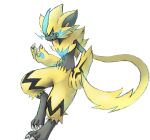  1other blue_eyes body_fur claws commentary_request full_body furry highres looking_at_viewer neck_fur pokemon pokemon_(creature) pokemon_focus ryusei0402 simple_background white_background yellow_fur zeraora 