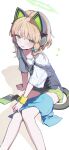  1girl animal_ear_headphones animal_ears black_tank_top blonde_hair blue_archive blue_bow blush bow cat_ear_headphones cat_ears collarbone commentary_request fake_animal_ears flying_sweatdrops green_eyes green_halo green_shorts hair_bow halo headphones highres midori_(blue_archive) ningen_mame open_mouth shirt short_hair short_sleeves shorts sitting smile solo sweat tail tank_top white_shirt wristband 