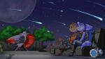 16:9 anthro arm_around_partner arm_on_shoulder black-kitten boots clothed clothing crossed_legs duo eyewear eyewear_on_head female footwear fur giant_hammer goggles goggles_on_head green_eyes head_tuft headgear headwear hi_res lombax male mammal meteor meteor_shower moon night plant ratchet_(ratchet_and_clank) ratchet_and_clank rivet_(ratchet_and_clank) rock_formation scarf shoes shooting_star sky sony_corporation sony_interactive_entertainment spacecraft star striped_body stripes tree tuft vehicle white_body white_fur widescreen yellow_body yellow_fur