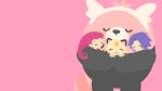  1boy 1girl artist_name bewear blue_hair blush_stickers closed_eyes commentary_request earrings fangs group_hug hair_slicked_back highres hug james_(pokemon) jessie_(pokemon) jewelry long_hair meowth no_humans open_mouth pink_background pokemon pokemon_(anime) pokemon_(creature) pokemon_focus pokemon_the_series:_sun_&amp;_moon red_hair rizu_(rizunm) short_hair simple_background smile sphere_earrings team_rocket team_rocket_uniform 