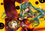  aqua_eyes aqua_hair bad_id bad_pixiv_id crazy_eyes creator_connection green_hair gumi hatsune_miku headphones highres hood hoodie long_hair lynne_(vocaloid) matryoshka_(vocaloid) multiple_girls red_eyes short_hair smile songover tsukioka_tsukiho twintails vocaloid yellow_eyes 