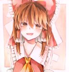  1girl absurdres ascot blush bow brown_eyes brown_hair commentary_request detached_sleeves frilled_bow frilled_hair_tubes frills furawast hair_bow hair_tubes hakurei_reimu highres long_hair looking_at_viewer marker_(medium) open_mouth red_bow smile solo touhou traditional_media upper_body yellow_ascot 