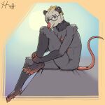 1:1 absurd_res alice_(haedra48) american_opossum anthro blonde_hair border breasts brown_eyes concrete_floor ear_piercing facial_piercing female fur grey_body grey_fur haedra48 hair hairless_tail hi_res leaning leaning_forward mammal marsupial nipple_piercing nipples nose_piercing nose_ring piercing raised_tail ring_piercing solo sun tail tongue tongue_piercing yellow_border