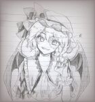  1girl ascot bat_wings bow claw_pose collared_shirt commentary_request fingernails frilled_shirt_collar frills furawast grin hat hat_bow highres long_fingernails mob_cap patchwork_skin puffy_short_sleeves puffy_sleeves remilia_scarlet sharp_fingernails shirt short_sleeves single_claw_pose sketch smile solo touhou traditional_media upper_body wings wrist_cuffs zombie 