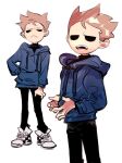  1boy animification bad_id bad_twitter_id black_pants blue_hoodie brown_hair checkered_shoes drawstring eddsworld frown full_body grumpy hand_in_pocket highres hollow_eyes hood hood_down hoodie jitome k3vccitq long_sleeves looking_at_viewer male_focus multiple_views open_mouth pants shoes short_hair sideburns simple_background sketch sneakers spiked_hair standing tom_(eddsworld) white_background 
