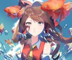  1girl ascot bow brown_eyes brown_hair closed_mouth commentary detached_sleeves fish frilled_hair_tubes frills goldfish hair_bow hair_tubes hakurei_reimu highres long_hair looking_at_viewer neruko_(piano00324) red_bow red_skirt ribbon-trimmed_sleeves ribbon_trim skirt skirt_set solo touhou water_drop yellow_ascot 
