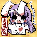  animal_ears blush blush_stickers bunny_ears chibi clothes_writing itotin long_hair lowres purple_hair reisen_udongein_inaba shirt smile solo t-shirt touhou translated 