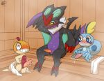 animal_genitalia animal_penis big_penis blush bodily_fluids dragon erection generation_2_pokemon generation_5_pokemon generation_6_pokemon generation_8_pokemon genital_fluids genitals hi_res male mammal mythological_creature mythological_scalie mythology nintendo noivern nude nutty_bo penis pokemon pokemon_(species) presenting sauna scalie scraggy sitting small_penis sobble steam sweat tail tapering_penis towel