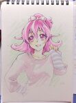  1girl absurdres aida_mana aizen_(syoshiyuki) cropped_torso dokidoki!_precure hair_between_eyes hand_on_own_hip hand_up high_ponytail highres layered_sleeves long_sleeves medium_hair pink_eyes pink_hair ponytail precure short_ponytail smile solo three-quarter_sleeves traditional_media upper_body 