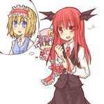  3girls :d alice_margatroid anger_vein bat_wings blonde_hair blue_eyes blush flapping head_wings koakuma multiple_girls natsuk necktie open_mouth patchouli_knowledge purple_hair red_eyes red_hair red_neckwear smile thought_bubble touhou turn_pale vest wings 