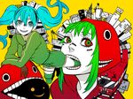  aqua_hair bad_id bad_pixiv_id blue_eyes crazy_eyes green_eyes green_hair grin ground_vehicle gumi hatsune_miku headphones highres hood hoodie long_hair matryoshka_(vocaloid) multicolored multicolored_eyes multiple_girls nxn red_eyes short_hair smile surreal train twintails vocaloid yellow_eyes 