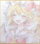  1girl :d ascot blonde_hair blush bow closed_eyes collared_shirt commentary_request crystal crystal_wings facing_viewer flandre_scarlet frilled_shirt_collar frills furawast hair_between_eyes hat hat_bow highres mob_cap one_side_up open_mouth red_bow red_vest shikishi shirt smile solo touhou traditional_media upper_body vest white_hat white_shirt wings yellow_ascot 