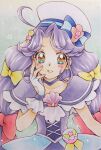  1girl absurdres aizen_(syoshiyuki) bow clothing_cutout commentary_request cure_coral fingerless_gloves glove_cutout gloves hair_bow hat highres long_hair low_twintails magical_girl marker_(medium) multiple_hair_bows precure purple_hair purple_sailor_collar sailor_collar sailor_hat solo suzumura_sango traditional_media tropical-rouge!_precure twintails upper_body very_long_hair white_gloves yellow_eyes 
