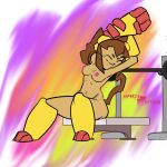 2026 anthro armor bench bench_press boots breasts brown_body brown_eyebrows brown_hair brown_tail cat_tail clothed clothing digital_media_(artwork) domestic_cat exercise_equipment eyebrows eyewear eyewear_on_head felid feline felis female footwear fur gameoverse gauntlets glitch_productions gloves goggles hair handwear headgear headwear kit_(gameoverse) mammal medium_breasts navel nipples partially_clothed pink_nipples shoes simple_background sitting smile solo spicysoda stretching tail watermark whiskers yellow_boots yellow_clothing yellow_eyewear yellow_footwear yellow_gauntlets yellow_goggles yellow_headgear yellow_headwear