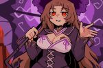  1girl absurdres bonnet breasts brown_hair cleavage commentary corset dress english_commentary highres holding holding_umbrella la_manchaland_(identity)_(project_moon) large_breasts limbus_company long_hair looking_at_viewer lunatheri project_moon purple_bonnet purple_dress purple_umbrella red_eyes rodion_(project_moon) solo umbrella upper_body waving 