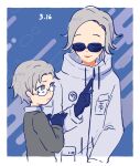  100meltdowns 2boys aged_down aotsuki_eito black_shirt blue_background border breast_pocket commentary dated dual_persona english_commentary facing_another glasses gloves grey_hair hands_on_another's_arm jacket looking_at_another male_focus multiple_boys pocket pointing pointing_up purple_eyes shirt short_hair sleeve_pouch smile sunglasses tearing_up the_hundred_line_-last_defense_academy- white_border white_jacket 