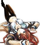  blue_eyes breasts brown_hair cleavage foreshortening highres jacket legwear_under_shorts long_hair lying makise_kurisu medium_breasts on_back open_clothes open_shirt pantyhose shirt short_shorts shorts simple_background solo steins;gate thigh_gap uonuma_yuu upside-down 