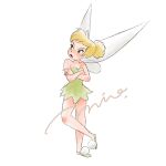  1girl bare_shoulders blonde_hair breasts commentary dress fairy fairy_wings green_dress green_shoes hair_bun highres looking_at_viewer mini_person minigirl mio_ney pointy_ears shoes short_hair single_hair_bun smile solo strapless strapless_dress tinker_bell_(disney) untranslatable_commentary walt_disney's_peter_pan wings 