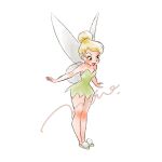  1girl bare_shoulders blonde_hair blue_eyes breasts commentary cosplay dress fairy fairy_wings green_dress hair_bun highres looking_at_viewer mini_person minigirl mio_ney pointy_ears short_hair single_hair_bun smile solo strapless strapless_dress tinker_bell_(disney) tinker_bell_(disney)_(cosplay) untranslatable_commentary walt_disney's_peter_pan wings 