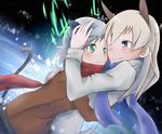  animal_ears blonde_hair blue_eyes blush cat_ears cat_tail coat comforting eila_ilmatar_juutilainen fox_ears geroika green_eyes hand_on_another's_head hirschgeweih_antennas hug long_hair multiple_girls sanya_v_litvyak scarf short_hair silver_hair smile strike_witches tail tears world_witches_series 