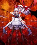  bat_wings braid clock flying glowing glowing_eyes hands_on_shoulders hat izayoi_sakuya knife maid maid_headdress multiple_girls nazuka_(mikkamisaki) pantyhose pocket_watch red_eyes remilia_scarlet short_hair silver_hair touhou twin_braids watch wings 