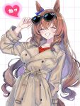  1girl ^_^ adjusting_eyewear animal_ears blush breasts brown_coat brown_hair closed_eyes coat commentary_request duffel_coat eyewear_on_head hair_between_eyes happy_birthday heart highres horse_ears horse_girl large_breasts long_hair looking_at_viewer maruzensky_(umamusume) naenaejkr patterned_background smile solo sunglasses umamusume 