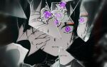 1boy blunt_ends choppy_bangs commentary_request cracked_screen cracked_skin eyeliner genshin_impact gnosis_(genshin_impact) greyscale hand_on_own_face hand_up highres looking_at_viewer makeup male_focus mandarin_collar monochrome parted_lips portrait purple_eyes red_eyeliner scaramouche_(genshin_impact) solo spot_color straight-on tearing_up tsuibakiwa tsurime wide-eyed 