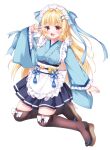  1girl :d absurdres apron blonde_hair blue_bow blue_kimono blue_skirt blush bow breasts brown_sandals brown_thighhighs commentary_request frilled_apron frilled_sleeves frills fujikura_ryuune hair_bow hair_ornament hairclip highres japanese_clothes kimono long_hair long_sleeves maid maid_headdress medium_breasts obi original pleated_skirt red_eyes sandals sash simple_background skirt smile solo star_(symbol) star_hair_ornament thighhighs v very_long_hair wa_maid white_apron white_background wide_sleeves zouri 