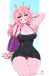  1girl aged_up animal_print aqua_nails arm_behind_head arm_support ashido_mina bag bangle black_dress black_sclera boku_no_hero_academia bracelet breasts cleavage colored_sclera colored_skin commentary dress fingernails grin hair_between_eyes highres horns invisible_chair jewelry kajin_(kajinman) large_breasts leopard_print leopard_print_panties light_blush long_fingernails long_hair looking_at_viewer microdress nail_polish panties pantyshot patreon_username pencil_dress pink_hair pink_skin print_panties purple_panties shoulder_bag sitting sleeveless sleeveless_dress smile solo thighs_together underwear v-shaped_eyebrows web_address yellow_eyes yellow_horns 