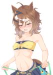  1girl animal_ears belt black_skirt brown_belt brown_hair commentary_request cowboy_shot crop_top flat_chest hair_between_eyes hair_ornament highres horse_ears horse_girl horse_tail jungle_pocket_(champion's_battle_cry)_(umamusume) jungle_pocket_(umamusume) kacamata_kunink midriff multicolored_hair navel notched_ear open_mouth simple_background skirt smile solo standing streaked_hair suspenders sweat tail umamusume v-shaped_eyebrows white_background white_hair x_hair_ornament yellow_eyes 