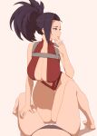  2girls \||/ alternate_breast_size_(larger) ass_visible_through_thighs bare_arms bare_legs black_eyes black_hair black_panties boku_no_hero_academia breasts center_opening chest_belt chest_harness cleavage commentary_request female_pov full_body hair_pulled_back hand_on_another's_thigh hand_to_own_mouth harness highleg highleg_leotard highres huge_breasts kneeling kuroneko_pantsu legs_together leotard looking_to_the_side multiple_girls navel panties parted_lips ponytail pov red_leotard simple_background spread_legs thighs underwear white_background yaoyorozu_momo 