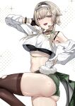 1girl absurdres ass black_bra black_gloves blue_eyes bra bracelet brown_thighhighs commentary cropped_shirt fingerless_gloves gloves goddess_of_victory:_nikke green_shorts grey_hair hair_ears hairband headset highres idol jewelry looking_at_viewer midriff mole mole_under_eye navel open_mouth prika_(nikke) shirt short_hair_with_long_locks short_shorts shorts simple_background smile solo thighhighs thighs torn_clothes torn_thighhighs underwear vandel_six white_background white_hairband white_shirt 
