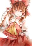  1girl absurdres ascot backlighting blush bow brown_hair closed_mouth commentary_request detached_sleeves frilled_bow frilled_hair_tubes frills furawast gohei hair_bow hair_tubes hakurei_reimu highres holding holding_gohei holding_own_skirt long_hair looking_at_viewer marker_(medium) midriff navel one_eye_closed red_bow red_eyes red_skirt ribbon-trimmed_sleeves ribbon_trim simple_background skirt skirt_set smile solo touhou traditional_media white_background yellow_ascot 