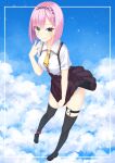  1girl :q \||/ above_clouds absurdres black_hairband black_shoes black_thighhighs blue_sky blunt_bangs blunt_ends bob_cut breasts brown_skirt closed_mouth clothes_lift cloud collared_shirt commentary day dress_shirt eyelashes eyes_visible_through_hair frilled_skirt frills full_body green_eyes green_pupils hair_between_eyes hair_ornament hairband hairclip hand_up heart heart_in_eye heart_o-ring high-waist_skirt highres holydora inset_border large_breasts looking_at_viewer mary_janes medium_hair midair mizuka_academy_school_uniform necktie o-ring o-ring_thigh_strap outdoors panties panty_peek pink_hair pleated_skirt school_uniform shirt shoes short_necktie skirt skirt_lift skirt_tug sky smile solo split_mouth standing straight_hair symbol_in_eye tanikaze_amane tenshi_souzou_re-boot! thigh_strap thighhighs thighs tongue tongue_out tsurime underwear white_panties white_shirt wind wind_lift x_hair_ornament yellow_necktie zettai_ryouiki 