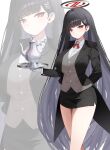  1girl absurdres black_coat black_hair black_skirt blue_archive breasts coat commentary_request grey_vest halo highres holding holding_tray large_breasts long_hair looking_at_viewer miniskirt multicolored_halo naze236 red_eyes rio_(blue_archive) shirt skirt solo teapot thighs tray two-tone_halo very_long_hair vest white_shirt zoom_layer 