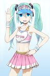  aqua_hair bad_hands blue_eyes cheer_(module) hand_on_hip hatsune_miku headset highres kenshin long_hair midriff navel open_mouth project_diva project_diva_(series) skirt solo twintails visor_cap vocaloid waving wristband 