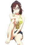  alcohol alternate_hairstyle barefoot beer beer_can breasts brown_hair can cosplay evangelion:_2.0_you_can_(not)_advance feet glasses green_eyes grin hairband katsuragi_misato katsuragi_misato_(cosplay) large_breasts makinami_mari_illustrious md5_mismatch midriff navel neon_genesis_evangelion norizou one_eye_closed ponytail rebuild_of_evangelion sitting smile solo tank_top yebisu 