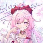 1girl braid breasts character_name chinese_commentary commentary_request dated_commentary diamond-shaped_pupils diamond_(shape) dress elf elysia_(herrscher_of_human:_ego)_(honkai_impact) elysia_(honkai_impact) hair_ribbon highres honkai_(series) honkai_impact_3rd large_breasts long_hair looking_at_viewer official_alternate_costume pink_dress pink_hair pointy_ears purple_eyes red_ribbon ribbon single_braid smile solo symbol-shaped_pupils upper_body very_long_hair xi_ningya 