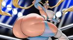  1girl 1oddbear armpit_cutout armpits artist_name ass ass_focus blonde_hair blue_eyes breasts clothing_cutout curvy domino_mask eye_mask hair_pulled_back heart_cutout highres huge_ass huge_breasts knee_pads large_breasts leotard long_hair looking_at_viewer looking_back mask open_mouth rainbow_mika skindentation smile solo street_fighter street_fighter_zero_(series) teeth thick_thighs thighs twintails twisted_torso very_long_hair wrestling_outfit wrestling_ring 