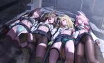  4girls abs absurdres animal_ear_fluff animal_ears aqua_panties armband bike_shorts black_hair black_panties black_pantyhose black_shorts black_sports_bra black_thighhighs blonde_hair blue_archive blue_panties blue_sailor_collar blue_skirt blush breasts brown_gloves brown_hair closed_eyes closed_mouth clothes_lift commentary_request commission fingerless_gloves flat_chest fox_ears fox_girl fox_platoon_(blue_archive) gloves green_gloves headphones highres ie_(pixiv_101298631) indoors knee_pads kurumi_(blue_archive) long_hair lying microphone multiple_girls neckerchief niko_(blue_archive) on_back open_mouth otogi_(blue_archive) panties panties_under_pantyhose pantyhose pink_hair pixiv_commission pleated_skirt red_armband red_gloves red_neckerchief sailor_collar shirt shirt_lift short_hair short_shorts shorts shorts_under_skirt skirt sleeping small_breasts sports_bra striped_clothes striped_panties thighhighs underwear very_long_hair white_shirt yukino_(blue_archive) 