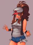  baseball_cap blue_eyes blush breasts brown_hair cowboy_shot cutoffs denim denim_shorts exposed_pocket hat long_hair medium_breasts open_mouth plump pokemon pokemon_(game) pokemon_bw ponytail sagano_yuuji shorts simple_background solo surprised touko_(pokemon) vest wristband 