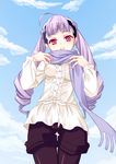  ahoge busou_shinki cloud day drill_hair hatuka legwear_under_shorts long_hair pantyhose purple_hair scarf shorts sky solo twintails yda 
