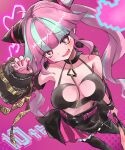  1girl absurdres anniversary bare_shoulders black_choker black_pantyhose black_skirt blue_hair blush breasts caution_tape choker cleavage_cutout clothing_cutout collarbone commentary_request crop_top detached_sleeves earrings from_above heart heart_cutout heart_earrings highres holding holding_staff jewelry kuroelery9625 lilanthim_(shadowverse) long_hair looking_at_viewer looking_up medium_breasts miniskirt multicolored_hair open_mouth pantyhose pink_eyes pink_hair pink_nails pixel_heart shadowverse shadowverse:_worlds_beyond sharp_teeth single_detached_sleeve skirt smile solo staff standing star-shaped_pupils star_(symbol) symbol-shaped_pupils teeth two-tone_hair zipper 