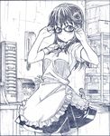  :&lt; adjusting_eyewear apron blush glasses greyscale hands highres long_hair matsumoto_maya monochrome sakino_shingetsu sketch solo traditional_media waitress working!! 