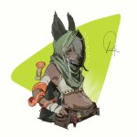 1girl absurdres armpit_hair bare_shoulders belt belt_pouch cloak commentary dark-skinned_female dark_skin english_commentary fangs female_pubic_hair green_cloak hand_on_own_hip highres horns long_hair looking_at_viewer nail_polish navel navel_piercing piercing potion pouch prisoners_book_(artist) pubic_hair sign slay_the_spire snake snake_wrapped_around_arm the_silent_(slay_the_spire) white_hair 