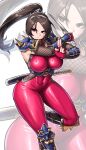  1girl arm_guards armor blush bodysuit breasts brown_eyes brown_hair burnt_green_tea closed_mouth fingerless_gloves gloves highres holding holding_sword holding_weapon impossible_bodysuit impossible_clothes kodachi large_breasts long_hair ninja ponytail red_bodysuit short_sword shoulder_armor skin_tight sleeveless sleeveless_bodysuit soulcalibur sword taki_(soulcalibur) weapon zoom_layer 