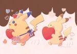  apron blue_eyes brown_eyes cherry chocolate commentary_request food fruit heart highres holding holding_heart murase_(muraselelait) no_humans pikachu pikachu_(assorted_chocolates_2024) pokemon pokemon_(creature) pokemon_focus twitter_username walking whipped_cream 