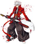  belt black_pants blazblue heterochromia itininosub male_focus pants ragna_the_bloodedge solo sword touyama_sabu weapon white_hair 